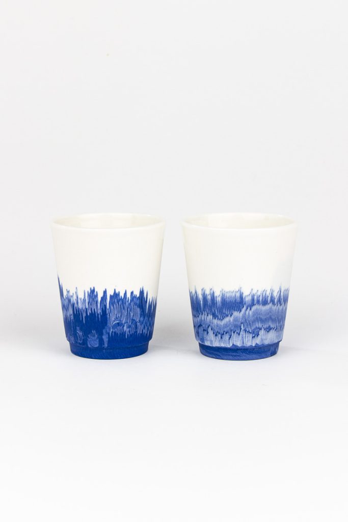 MOCA handmade ceramic espresso cup set of 2 – unique blue dripping pattern, white porcelain, Eindhoven and Nantes