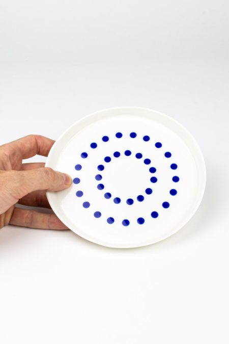Handmade ceramic dessert plate MOCA 16cm – white porcelain, unique blue glaze, Eindhoven & Nantes