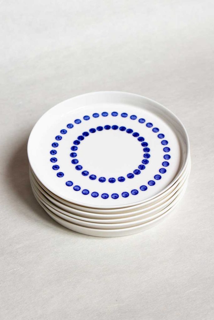 Stacked set of 6 MOCA ceramic dessert plates – stackable handmade porcelain, 16cm each
