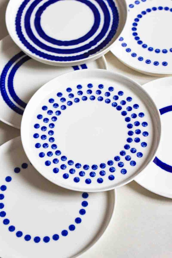6 MOCA ceramic dessert plates spread zoomed in – all with different unique blue glaze, Eindhoven & Nantes