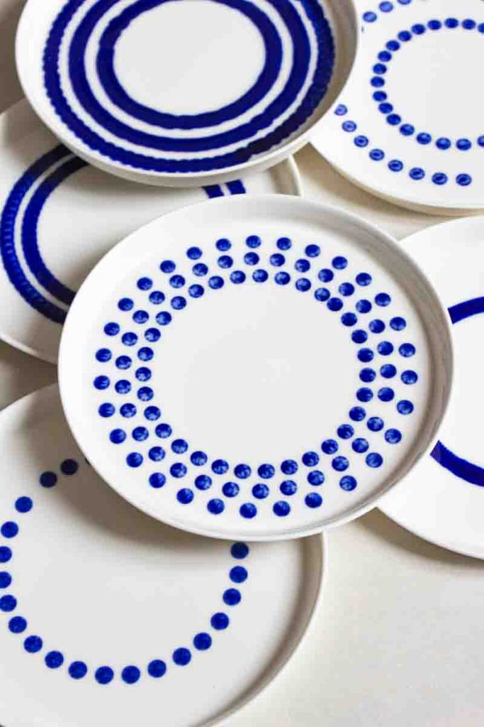 6 MOCA ceramic dessert plates spread zoomed in – all with different unique blue glaze, Eindhoven & Nantes