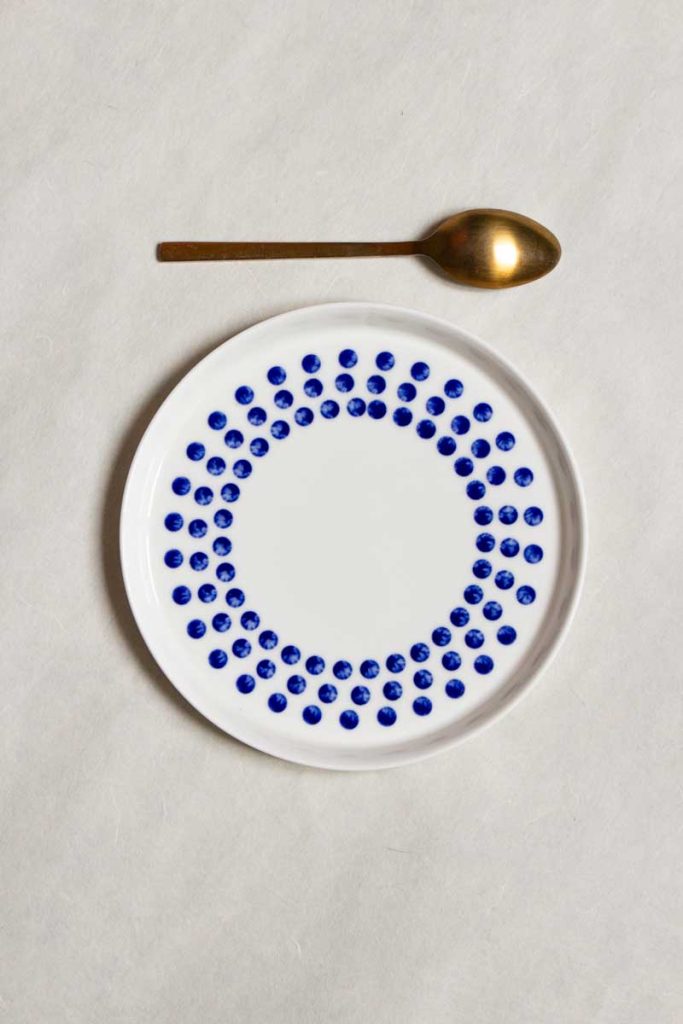 MOCA ceramic dessert plate 16cm three-lines pattern – handmade porcelain, unique blue glaze