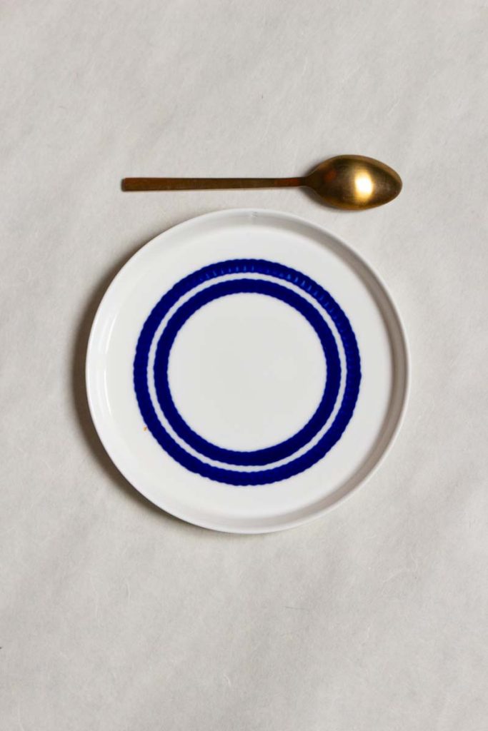 MOCA ceramic dessert plate 16cm two-lines pattern – handmade porcelain, unique blue glaze