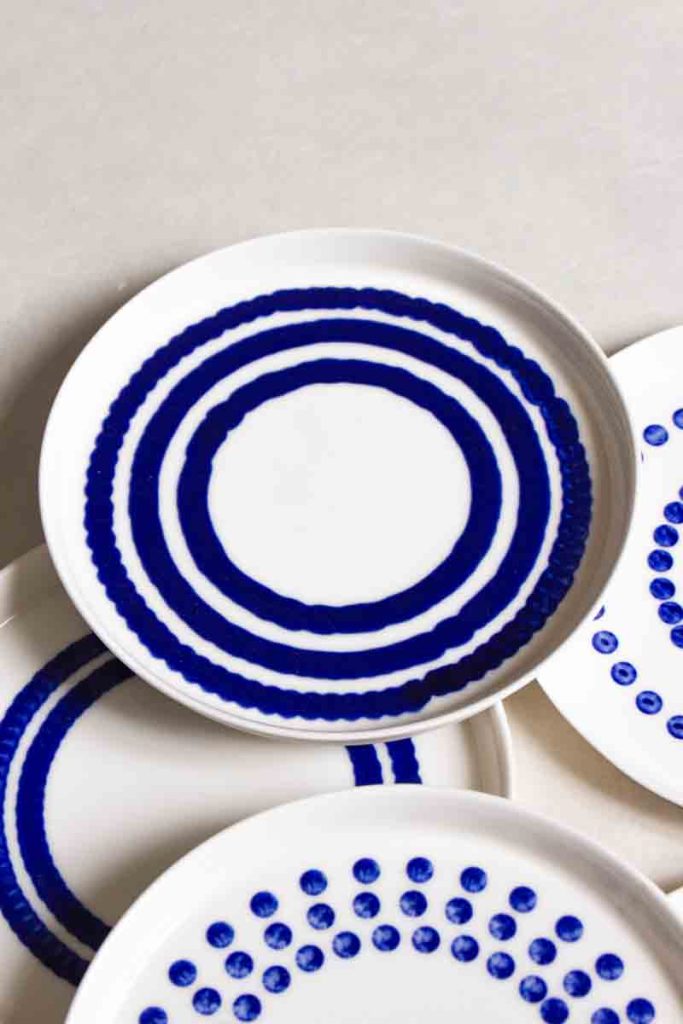 MOCA handmade ceramic dessert plates 16cm – different circular blue glaze patterns, connected drops and lines