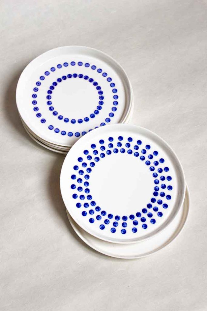 MOCA handmade ceramic dessert plates 16cm stacked – circular dots blue glaze pattern, Eindhoven and Nantes