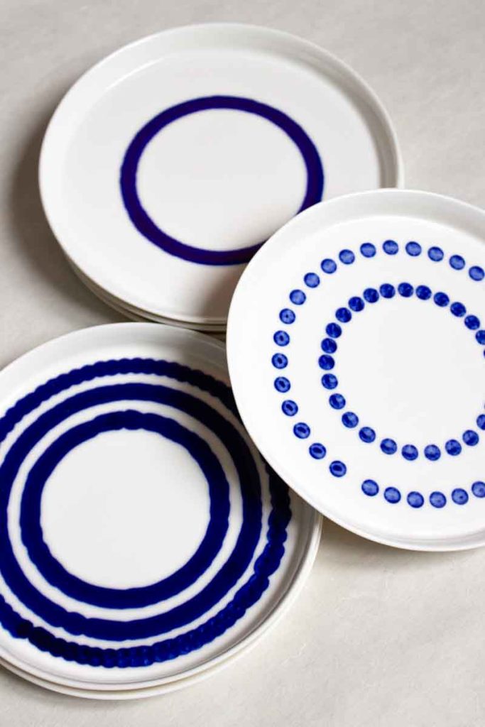 MOCA handmade ceramic dessert plates 16cm – three different blue glaze patterns, line, connected and spread drops