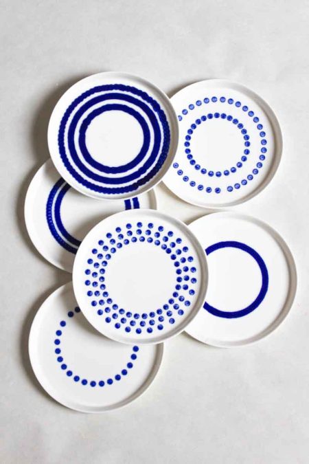 Top view set of 6 MOCA ceramic dessert plates 16cm – unique blue dripping glaze patterns