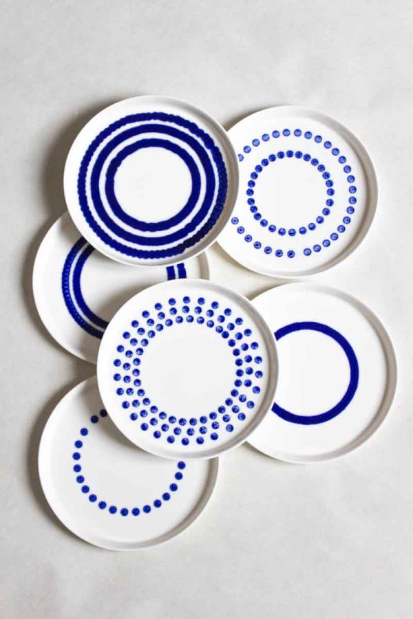 Top view set of 6 MOCA ceramic dessert plates 16cm – unique blue dripping glaze patterns