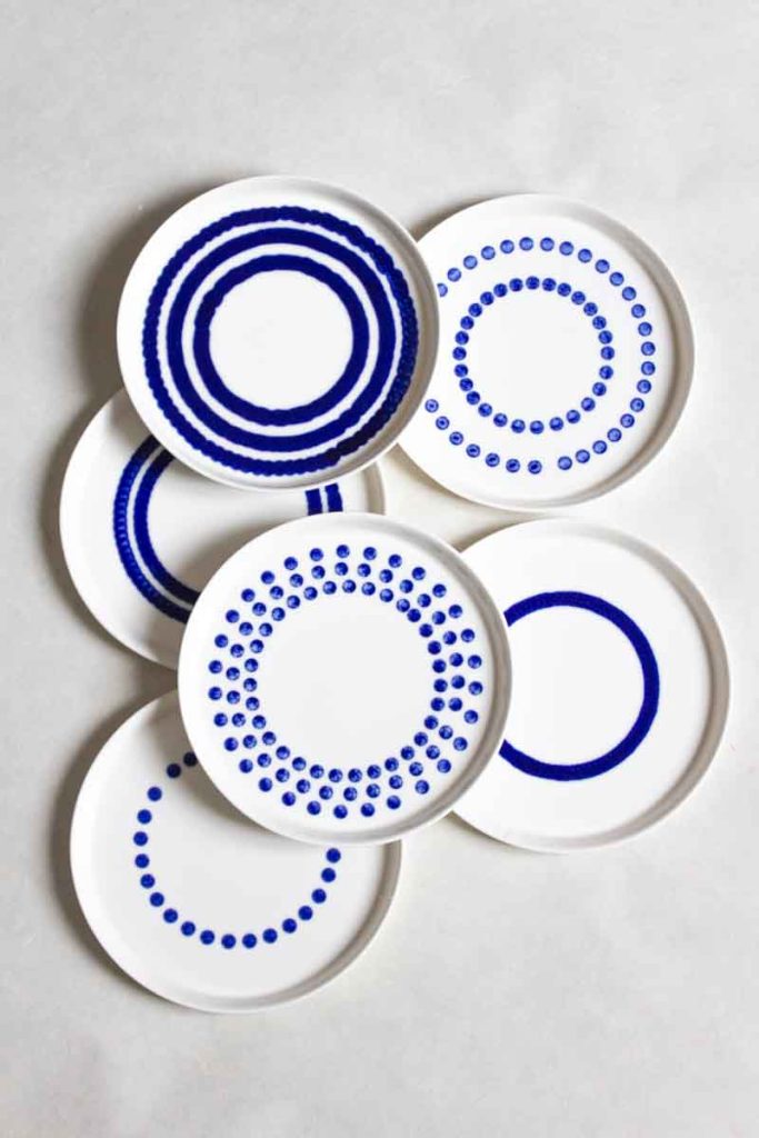 Top view set of 6 MOCA ceramic dessert plates 16cm – unique blue dripping glaze patterns