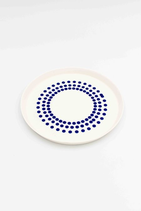 Handmade ceramic dinner plate MOCA 24cm – white porcelain, unique blue glaze, Eindhoven & Nantes