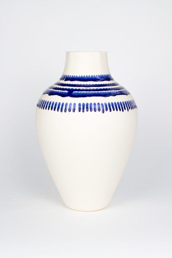 Blue glaze art detail on MOCA unique porcelain vase – dripping machine, Netherlands & France