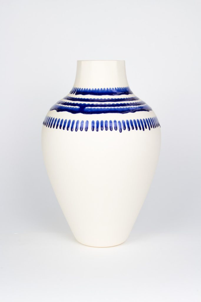 Blue glaze art detail on MOCA unique porcelain vase – dripping machine, Netherlands & France