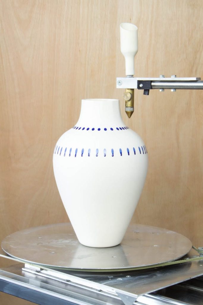 MOCA white porcelain vase with unique blue dripping glaze – numbered limited edition of 100