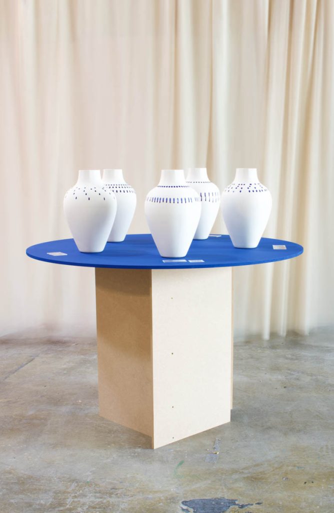 MOCA white porcelain vases with unique blue dripping glaze – numbered limited edition of 100